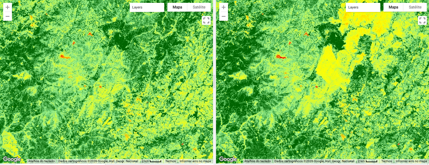 Comparação de NDVI antes e depois do incêndio de 2022 na Serra da Estrela