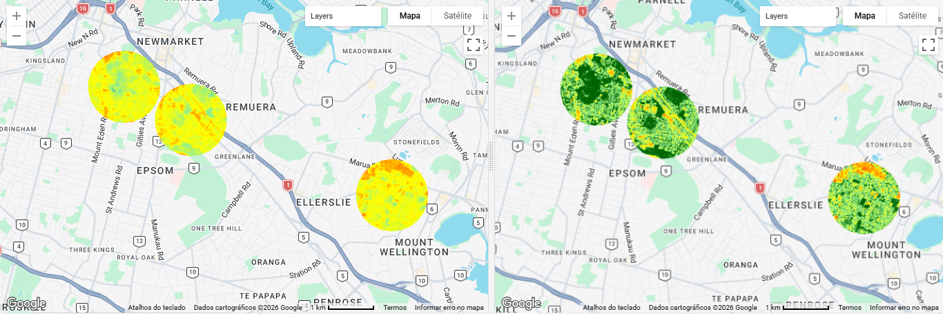 Comparação de NDVI dos vulcões de Auckland entre 2000 e 2023